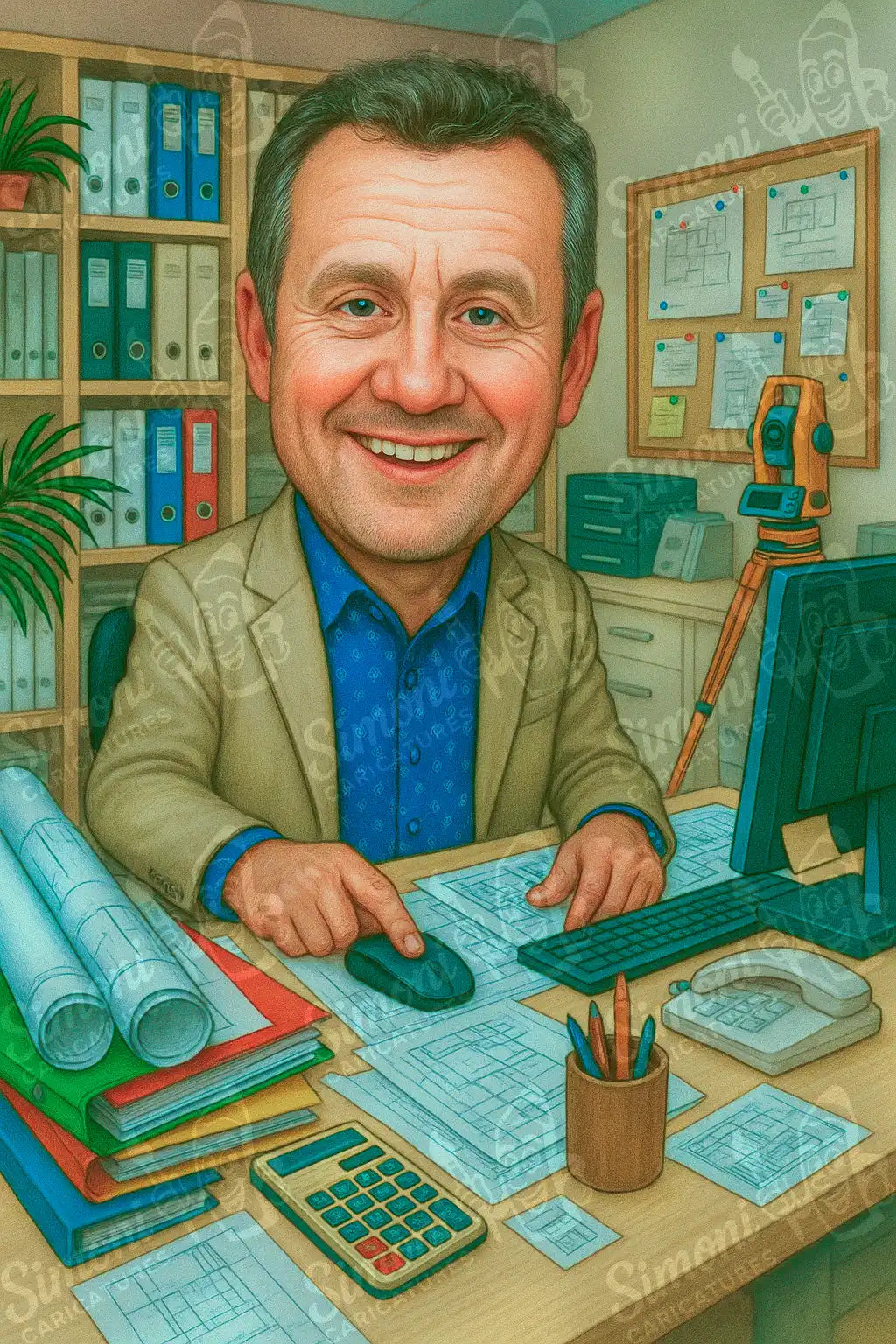 Карикатура на архитект, седнал на бюро с чертежи, калкулатор и компютър, усмихнат и облечен с бежово сако и синя риза, в офис с рафтове и технически инструменти на заден план – персонализиран портрет от Simoni Caricatures с детайлна и професионална обстан